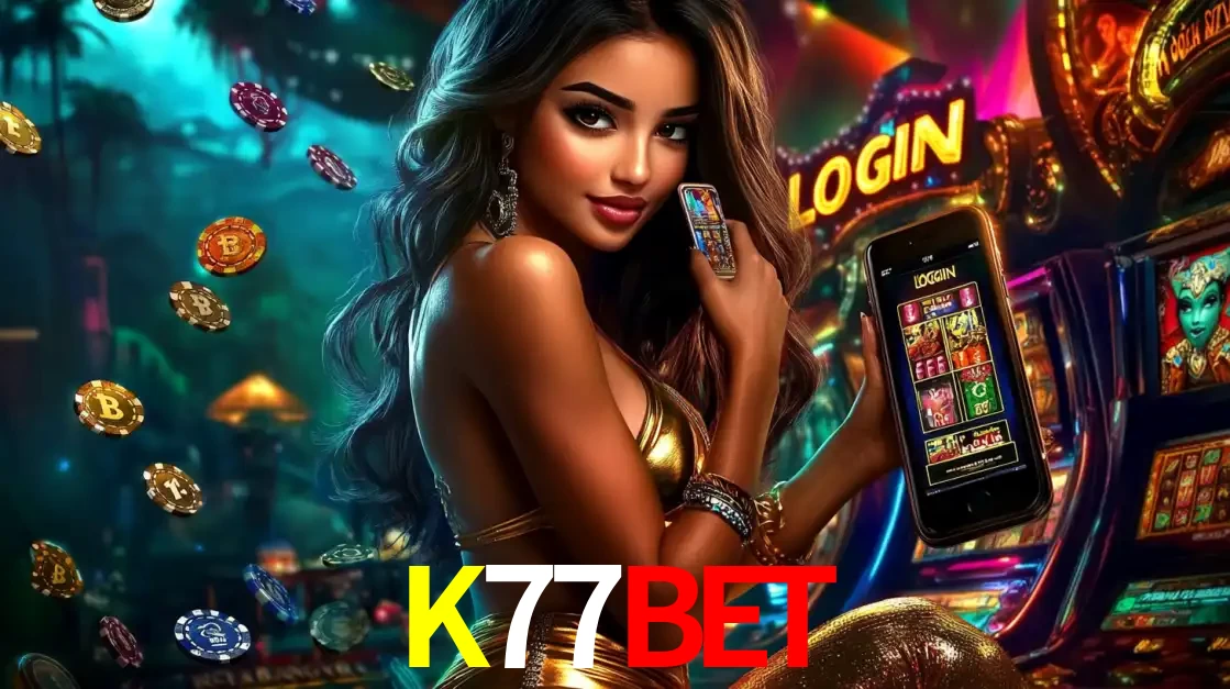 Mulher em um cenário de cassino temático de aventura, mostrando o app de caça-níqueis da K77BET no celular. Fichas de apostas flutuam ao redor.