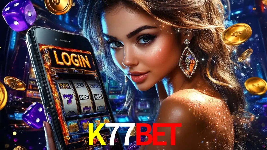Mulher glamorosa segurando um smartphone com a tela de login para os jogos de caça-níqueis do cassino online K77BET, com moedas de ouro e dados ao redor.