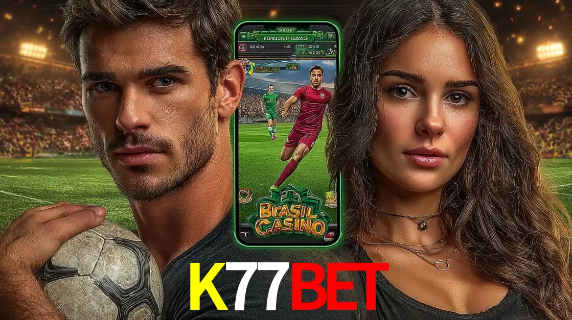 Homem segurando uma bola de futebol e uma mulher ao lado de um smartphone exibindo o jogo de apostas esportivas da K77BET. Faça seu palpite no cassino online.